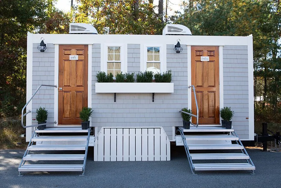 Wedding restroom units discretely staged at a venue in Jasper, Alabama